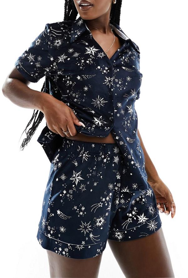 Chelsea Peers premium velvet revere top and shorts pyjama set with shooting star silver foil print in navy