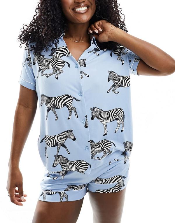 Chelsea Peers zebra print v-neck short pyjama set in blue-Multi