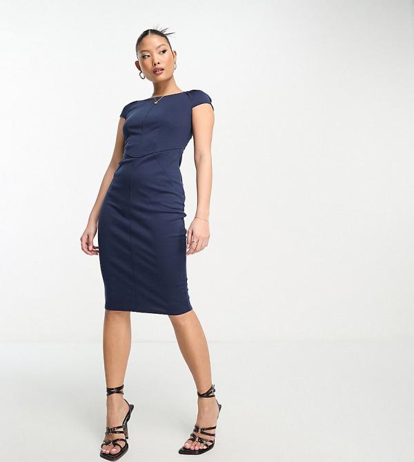 Closet London Petite puff shoulder pencil dress with bodice detail in navy