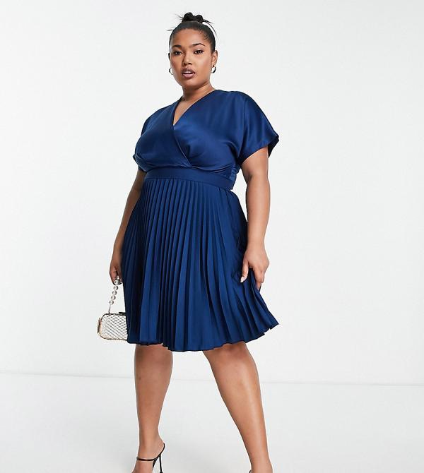 Closet London Plus wrap front pleated midi skater dress in navy