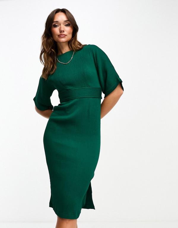 Closet London ribbed pencil dress with tie belt in emerald green