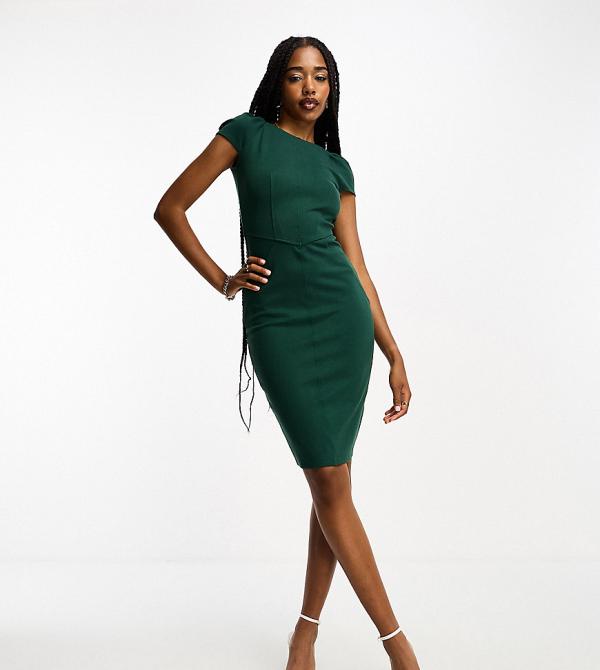 Closet London Tall puff shoulder pencil dress with bodice detail in emerald-Green