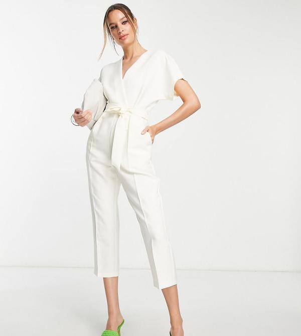 Closet London Tall tie waist kimono jumpsuit in cream-White