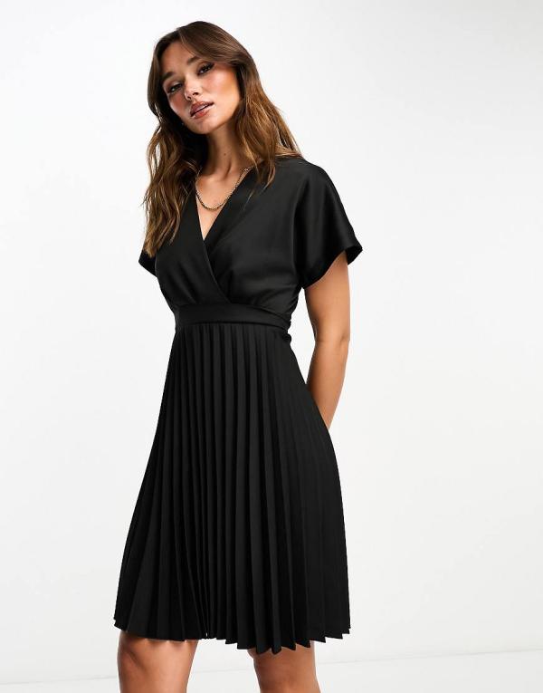 Closet London wrap front pleated mini skater dress in black