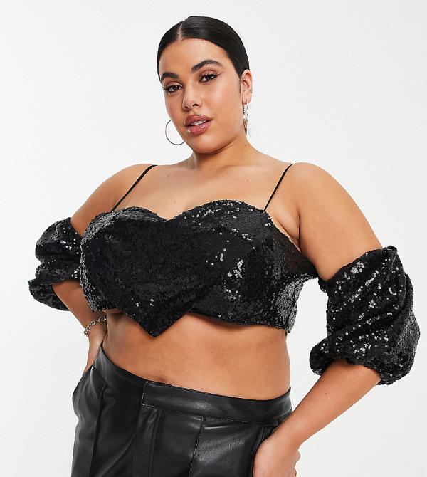 Collective the Label Curve exclusive sequin heart crop top in black (part of a set)