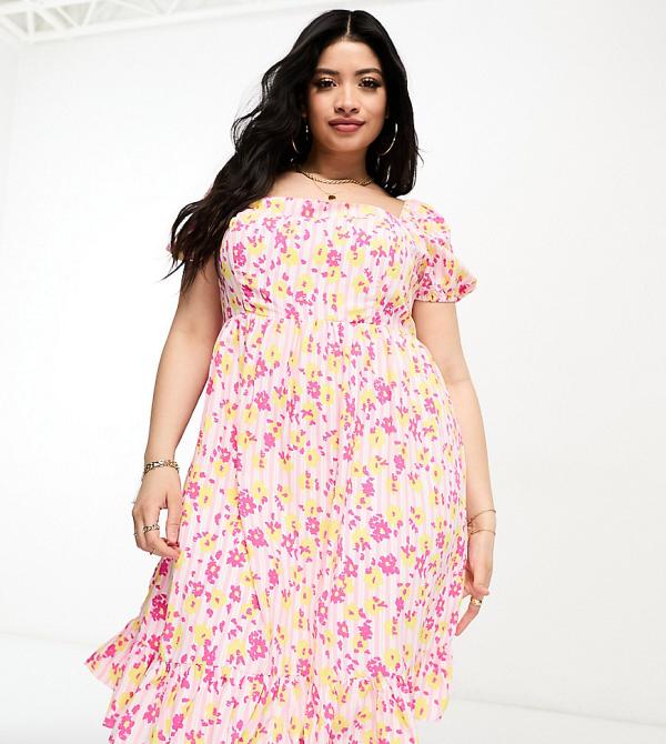 Collective the Label Curve tiered midi dress in pink floral