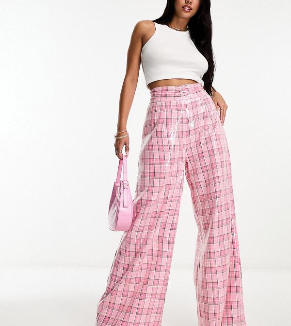Collective the Label exclusive wide leg metallic pants in pink check sequin-Silver