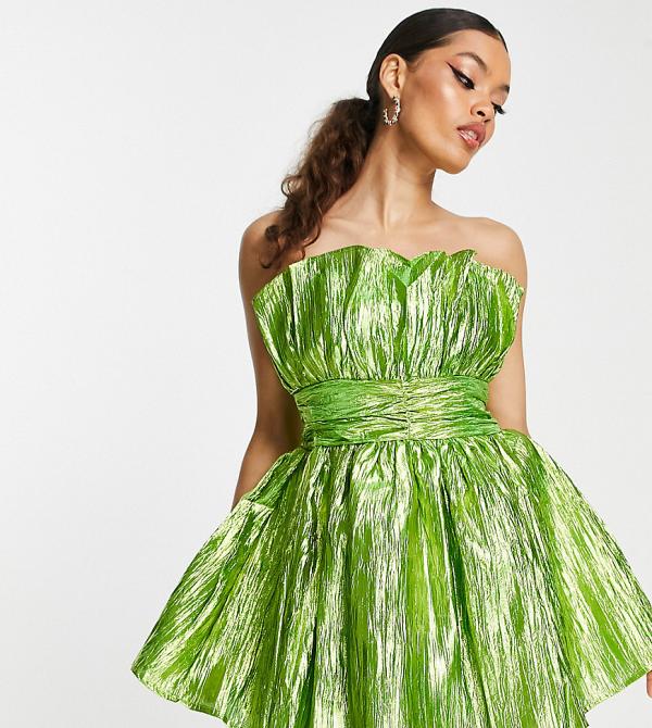 Collective the Label Petite exclusive bandeau ruched waist mini dress in metallic lime green