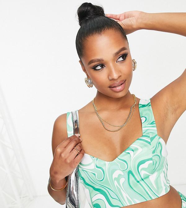 Collective the Label Petite exclusive crop top in green swirl print (part of a set)