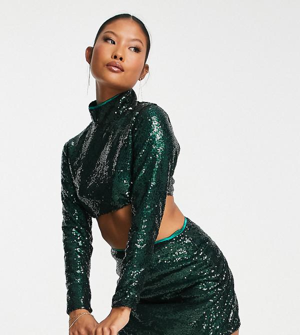 Collective the Label Petite exclusive high neck sequin top in emerald (part of a set)-Green