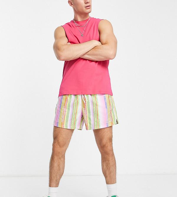 COLLUSION branded stripe longer length swim shorts-Pink