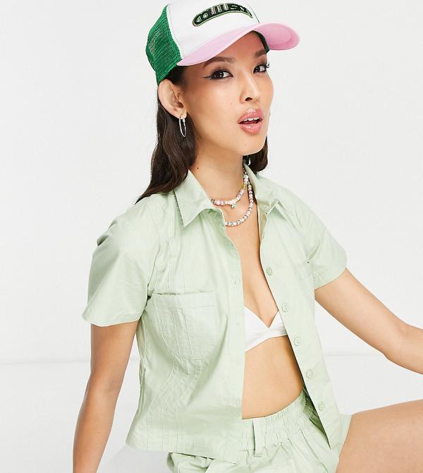 COLLUSION coated cotton utility shirt in sage green (part of a set)