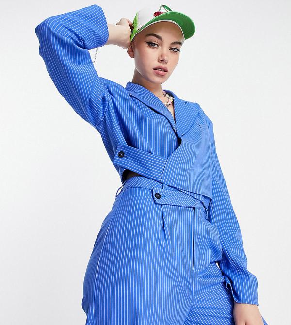 COLLUSION cropped blazer with wrap detail in blue pinstripe (part of a set)