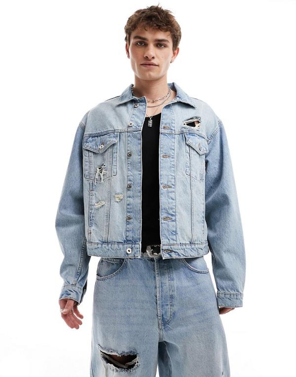 COLLUSION denim trucker jacket with rips in lightwash (part of a set)-Blue