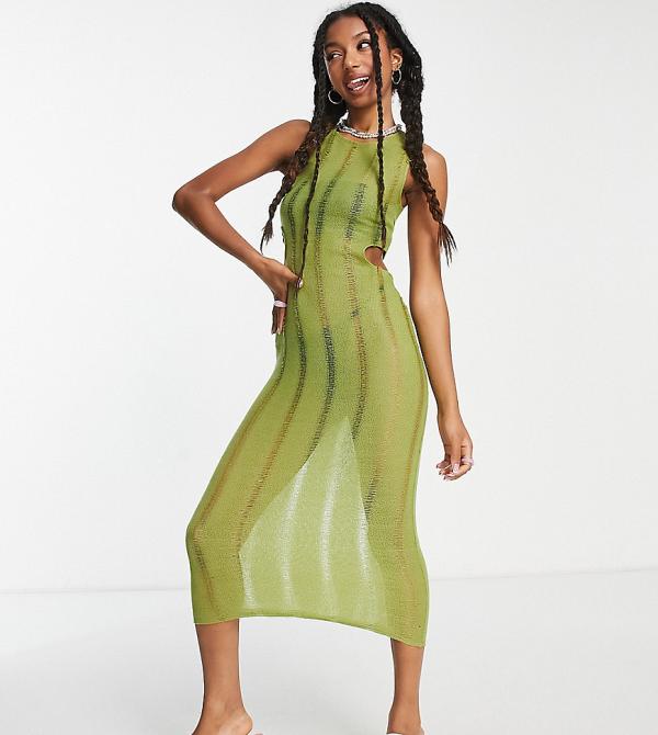 COLLUSION knit cut-out singlet midi dress in green