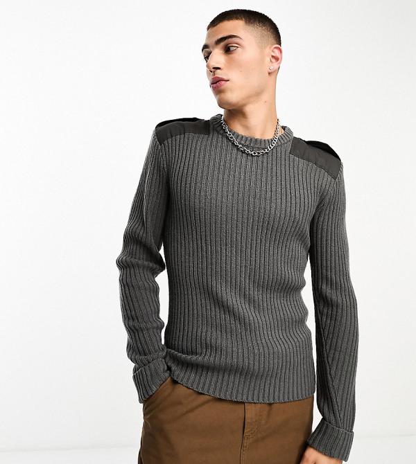 COLLUSION knitted rib crew neck jumper with utility details in charcoal grey