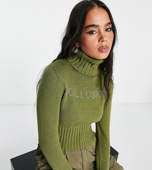 COLLUSION knitted roll neck jumper with hotfix print in khaki-Blue