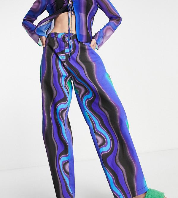 COLLUSION low rise baggy twill wave print pants in blue (part of a set)