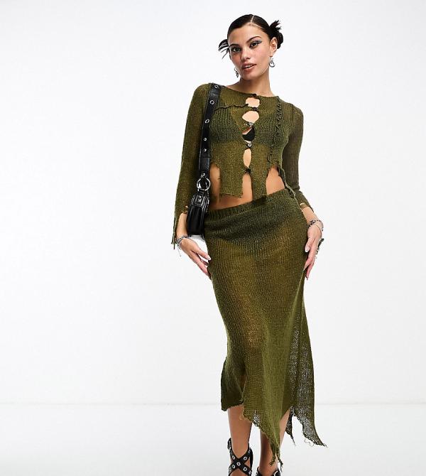 COLLUSION open stitch knitted midi skirt with asymmetric hem in khaki (part of a set)-Green