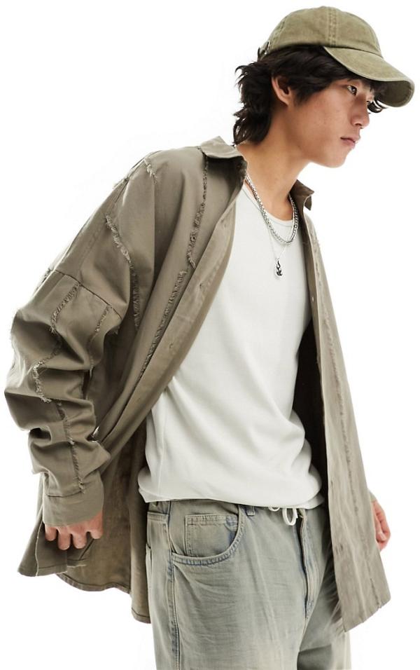 COLLUSION oversized shirt with raw detail in khaki-No colour