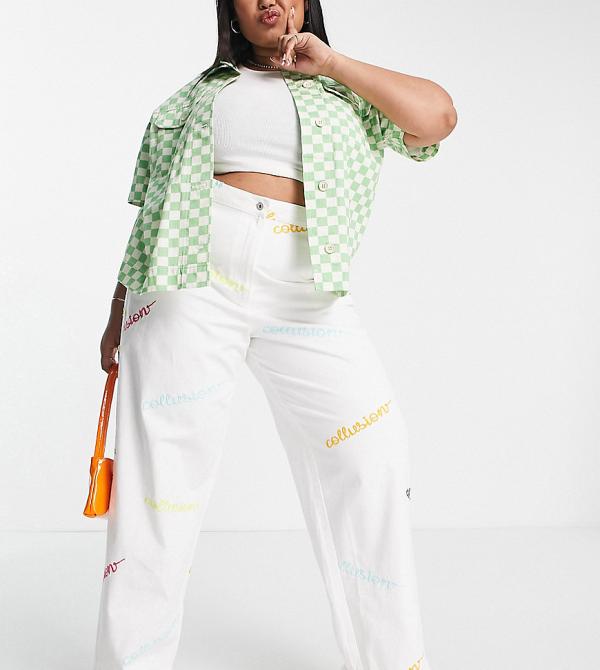 COLLUSION Plus 90s straight leg pants with branded embroidery (part of a co-ord) in white