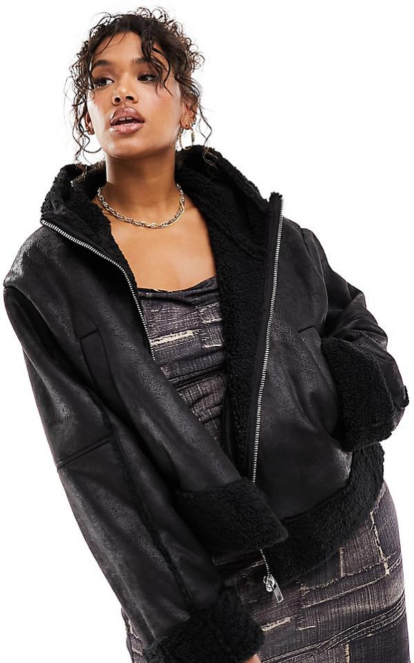 COLLUSION Plus faux suede aviator jacket with shearling trims in black-Neutral