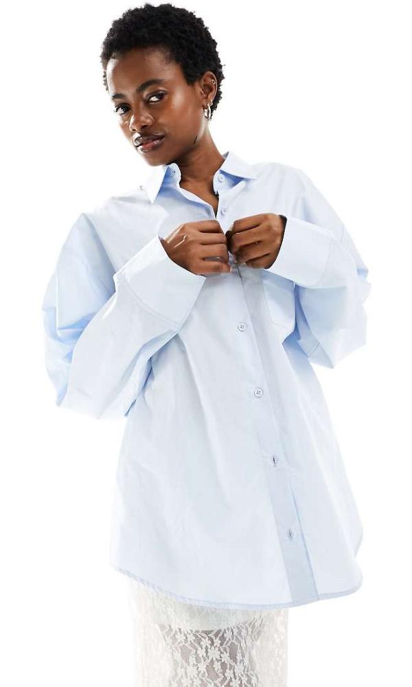 COLLUSION poplin oversized shirt with buckle back in blue-White