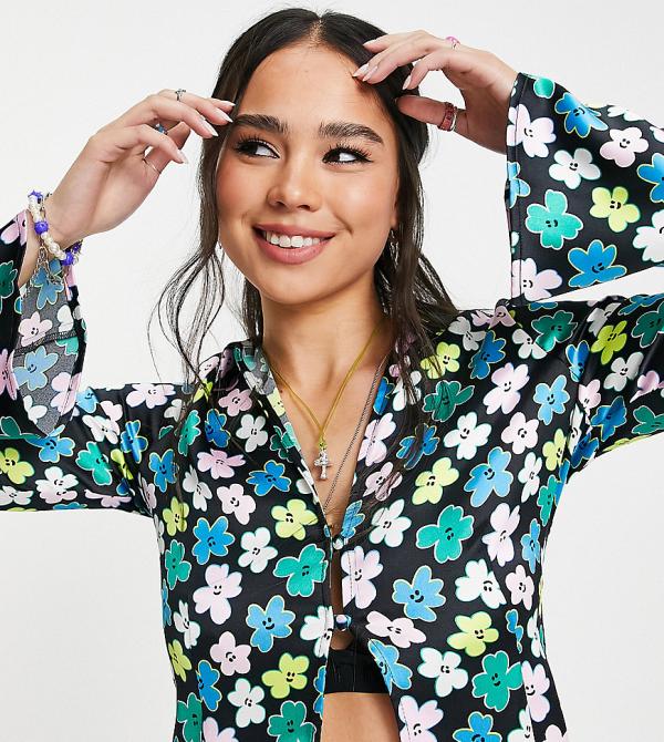 COLLUSION satin fluted sleeve open shirt in floral print (part of a set)-Multi