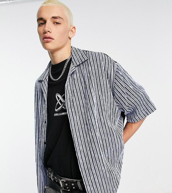 COLLUSION textured stripe skater short sleeve shirt in blue