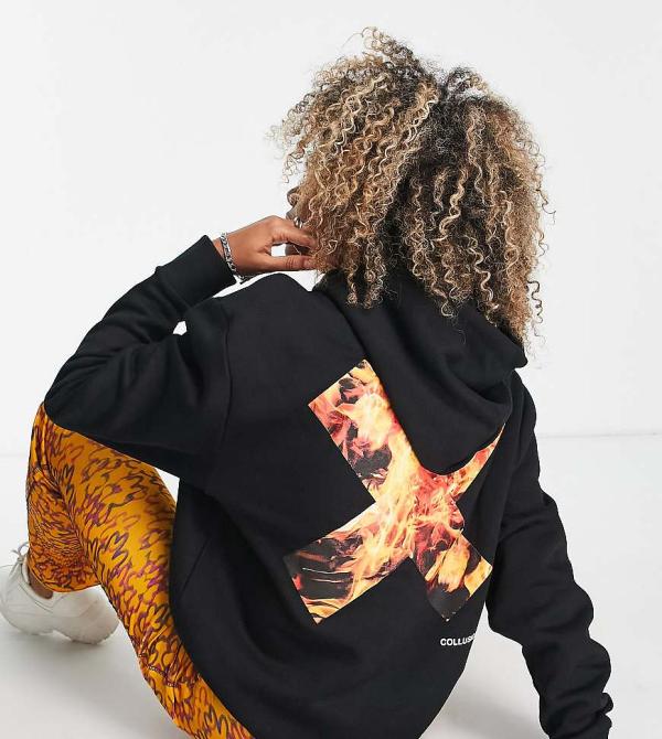 COLLUSION Unisex hoodie with flame logo print-Black