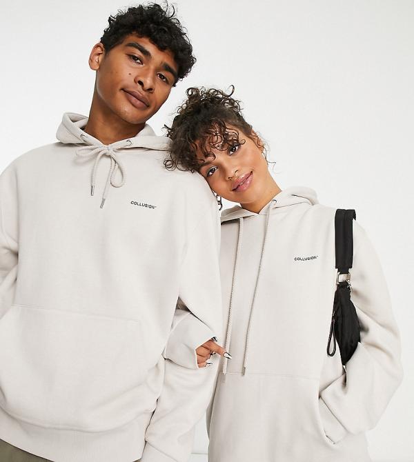 COLLUSION Unisex hoodie with logo print in ecru-White