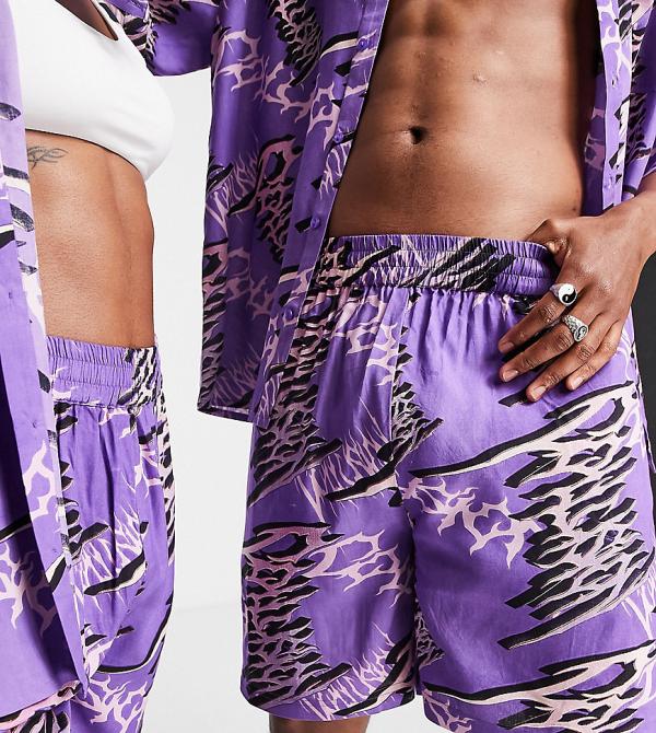 COLLUSION Unisex typo print shorts in purple (part of a set)