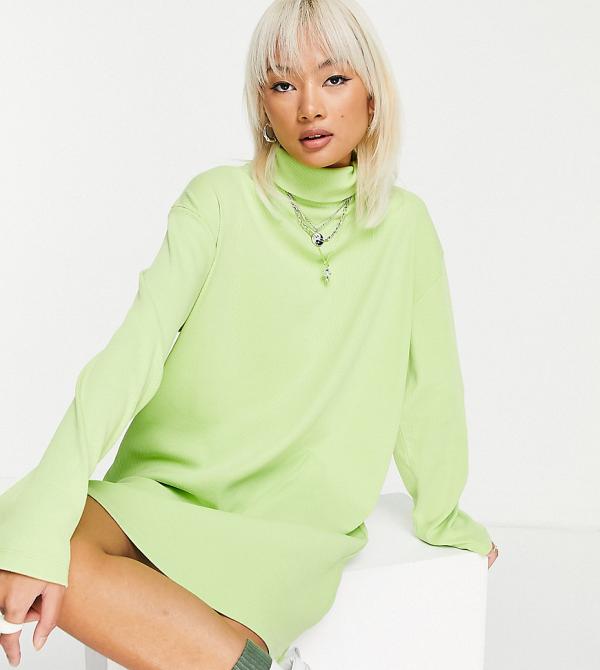 COLLUSION washed rib boxy roll neck dress in green-Grey