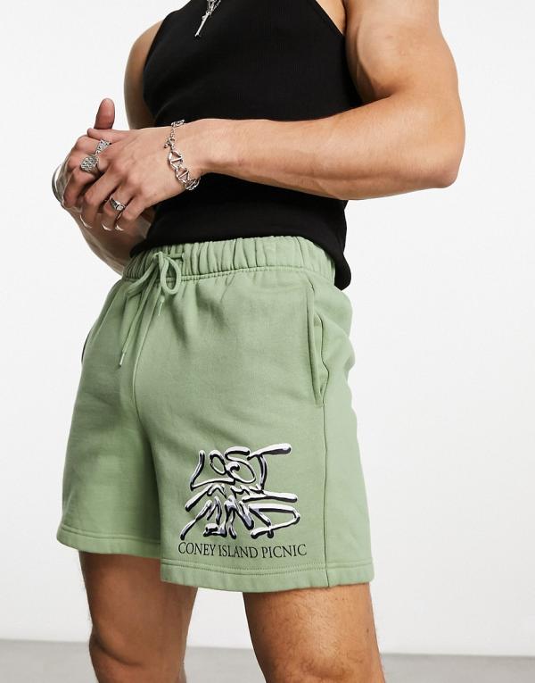 Coney Island Picnic jersey shorts in green with lost mind print (part of a set)