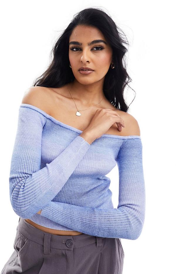 Cotton On off shoulder rib knit top in blue ombre