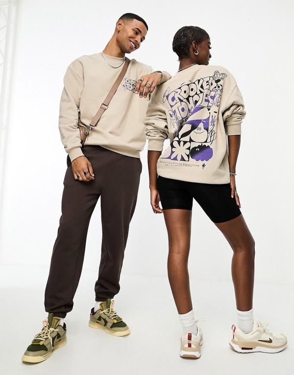 Crooked Tongues unisex oversized sweatshirt in beige with back print-Grey
