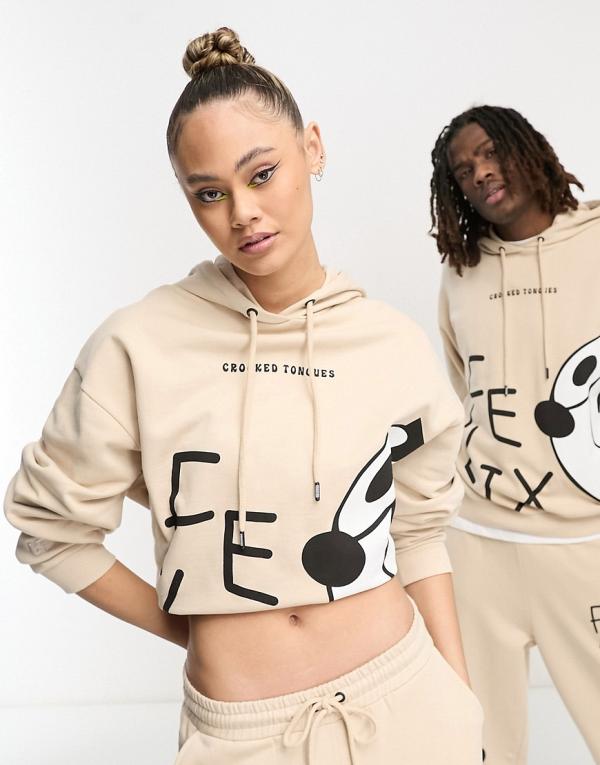 Crooked Tongues x Felix the Cat unisex oversized hoodie with large scale logo and graphic prints in stone (part of a set)-Neutral