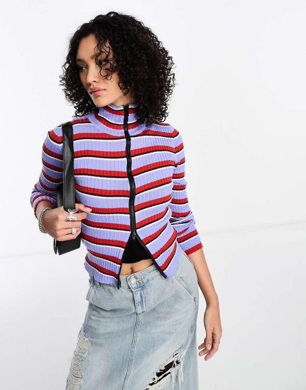 Daisy Street 90s double zip stripe rib cardigan-Multi