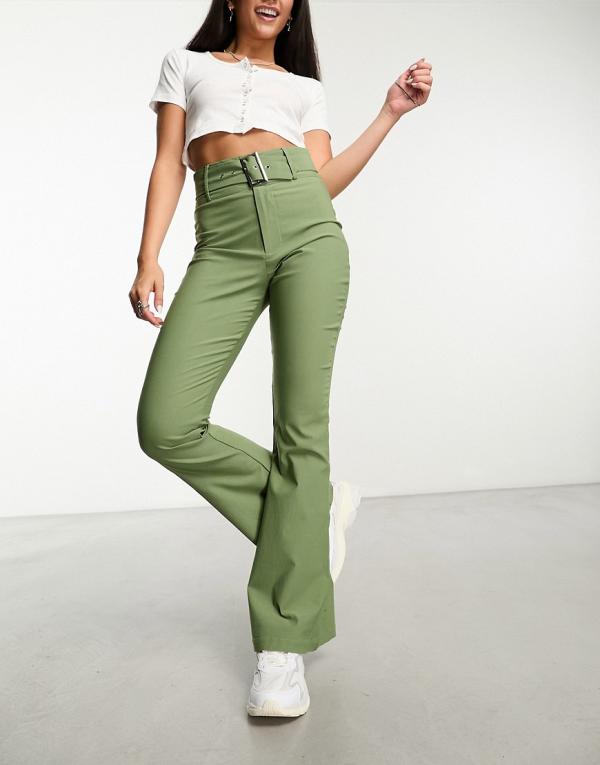 Daisy Street high waisted bengaline pants with belt in sage (part of a set)-Green