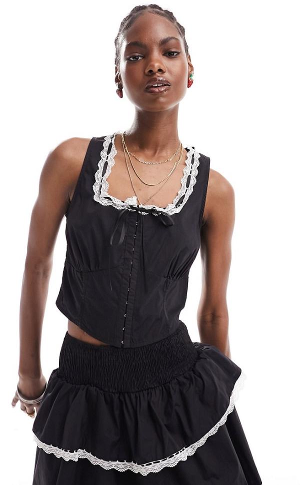Daisy Street lace trim prairie style corset top in black (part of a set)
