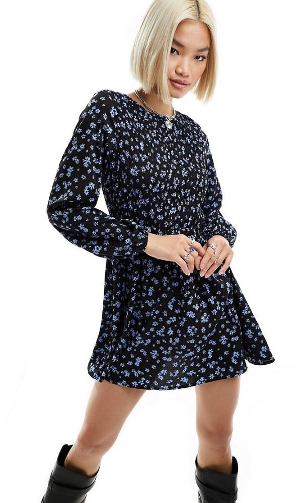 Daisy Street long sleeve mini smock dress in black blue floral-Multi