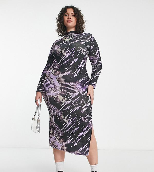 Daisy Street Plus long sleeve grunge midi bodycon dress in tie dye with buttefly graphic-Multi