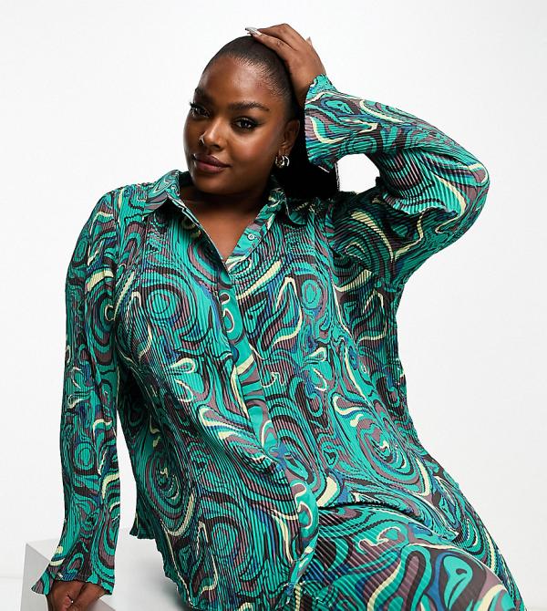 Daisy Street Plus relaxed shirt in plisse swirl (part of a set)-Green
