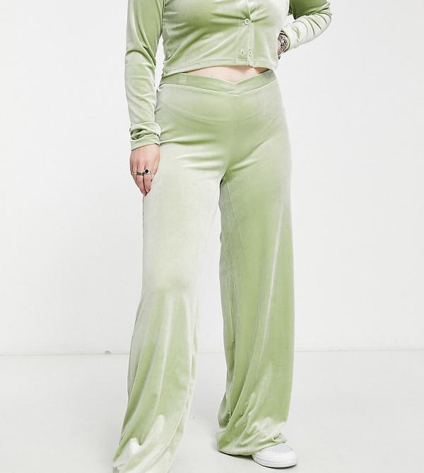 Daisy Street Plus v waist fitted pants in stretch velvet sage (part of a set)-Grey
