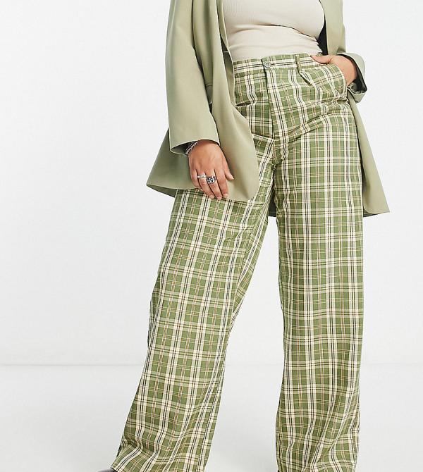Daisy Street Plus wide leg pants in vintage green check-Brown