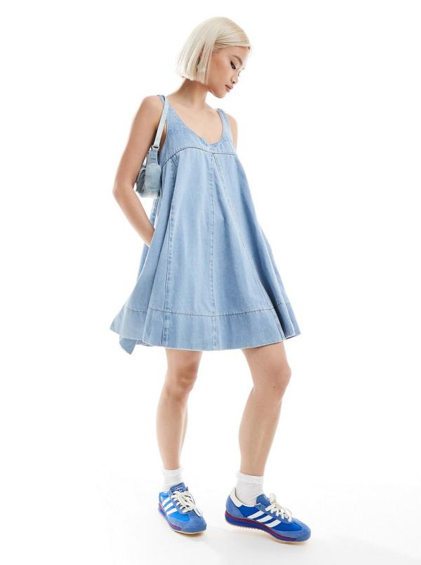 Daisy Street scoop neck flared babydoll mini dress in blue denim-White