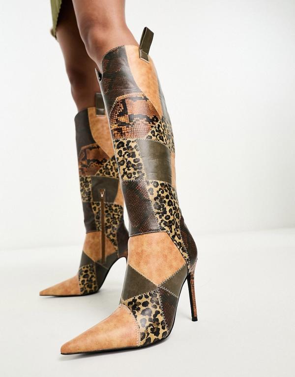 Daisy Street stiletto knee boots in tan patchwork-Multi
