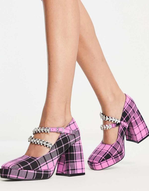 Tammy Girl embellished heeled loafers in pink check print