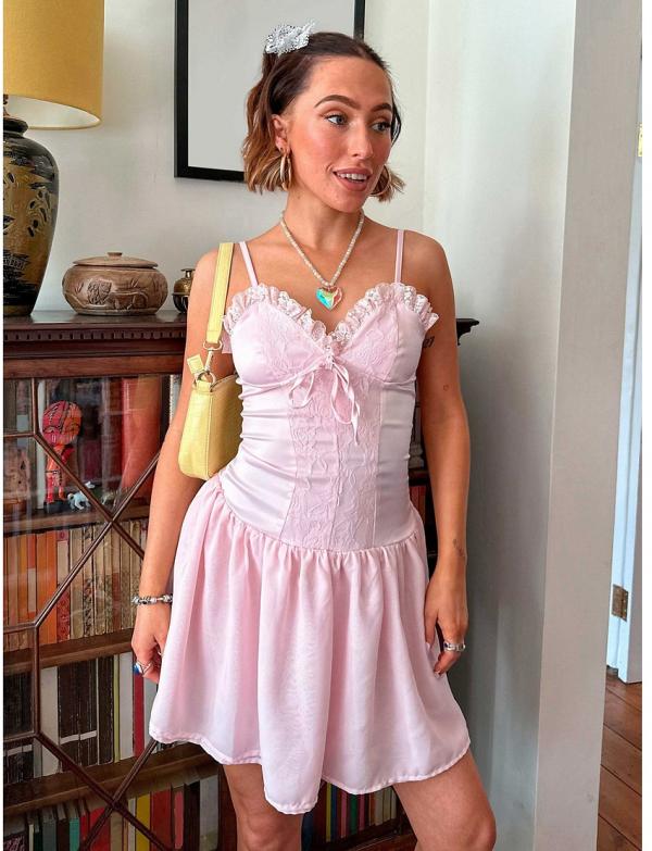 Daisy Street x Chloe Davie Y2K drop waist satin corset dress with frill hem-Pink