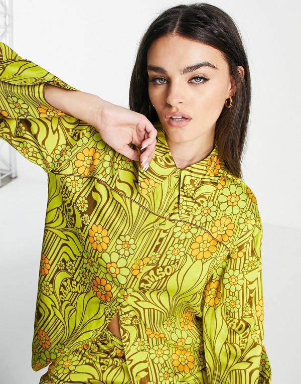 Damson Madder poly satin shirt in retro yellow floral (part of a set)